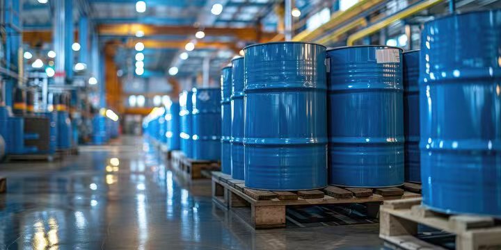  Rows of blue chemical drums on pallets in a modern warehouse, indicating large stock availability for immediate shipment